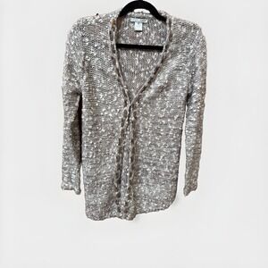 ALBERTO MAKALI  Womens  SZ Sm Long Slv Taupe &  White Soft Open Cardigan Sweater